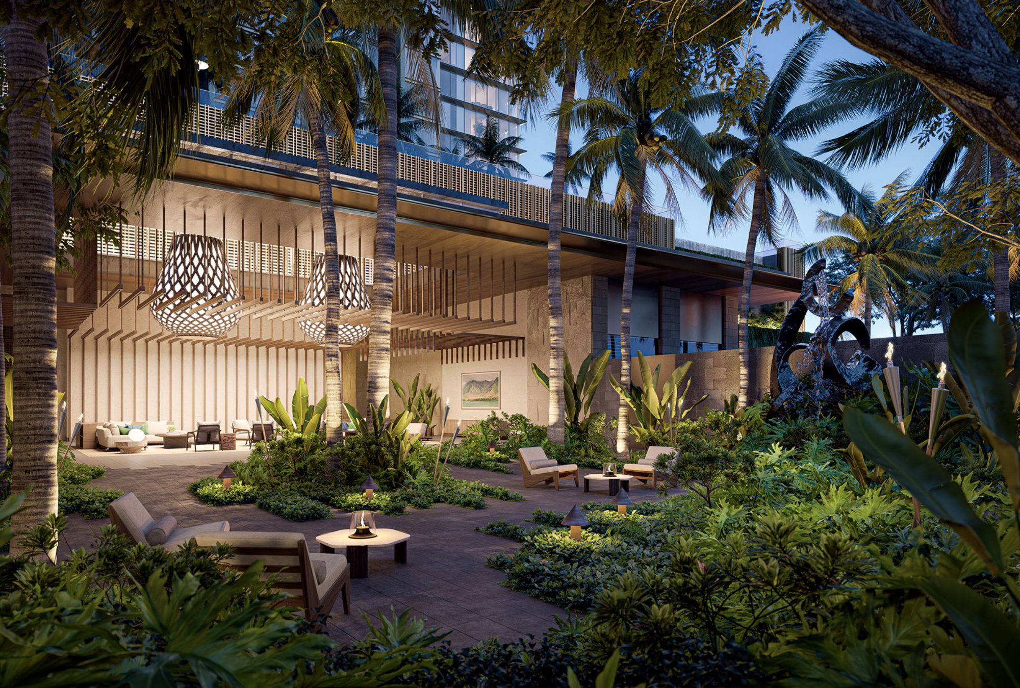 Victoria Place Palm Garden in the evening, adjacent to the open lobby.