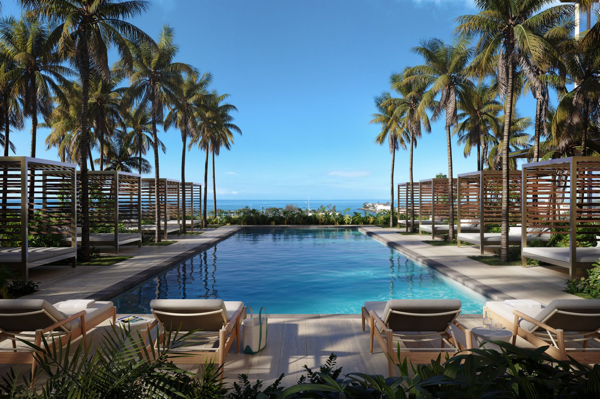 Sunrise Lap Pool surrounded by cabana lounges and palm trees