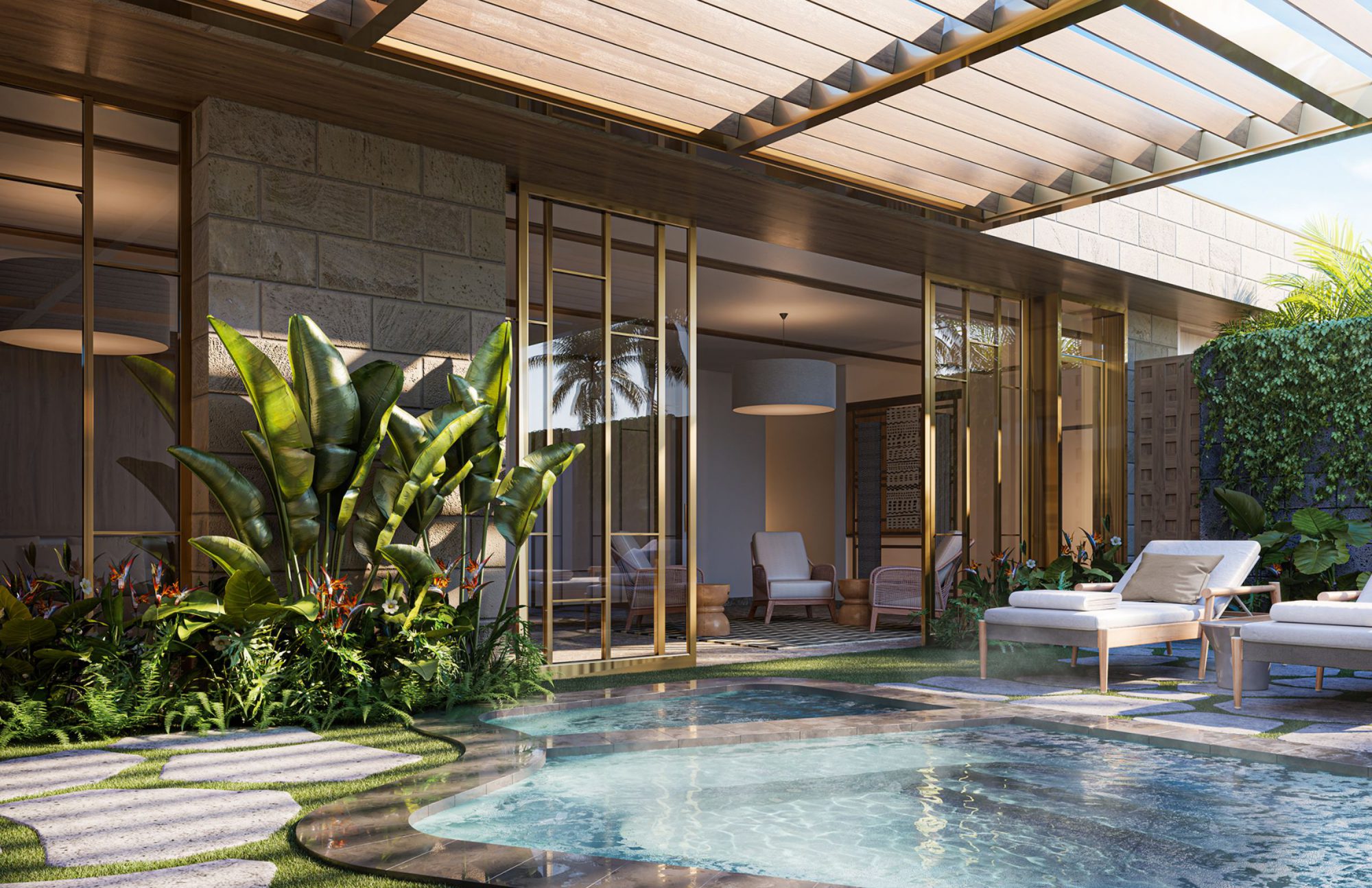 Spa Lounge amenity showing outdoor plunge pool and indoor lounge seating area