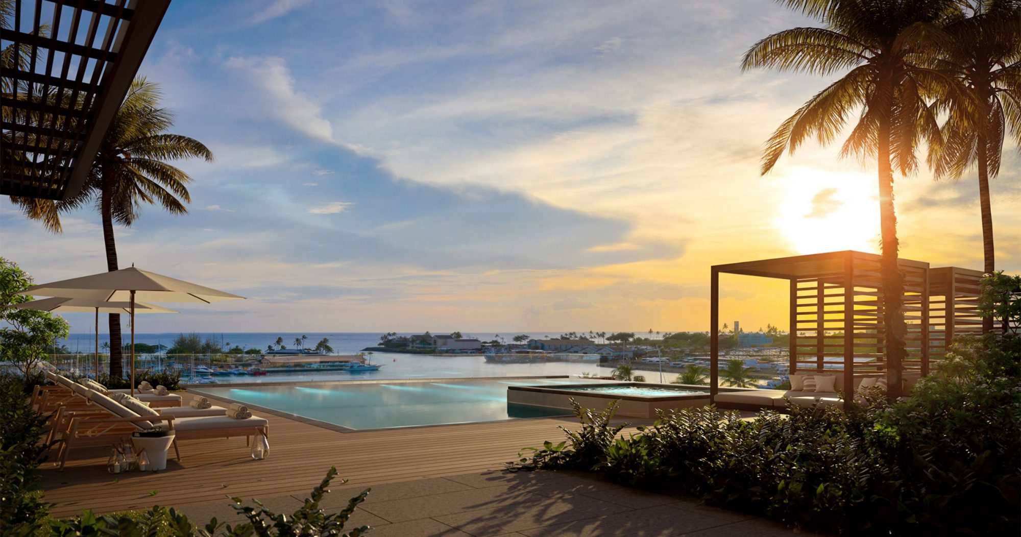 Sunset image of Sunset Lānai pool and deck setting