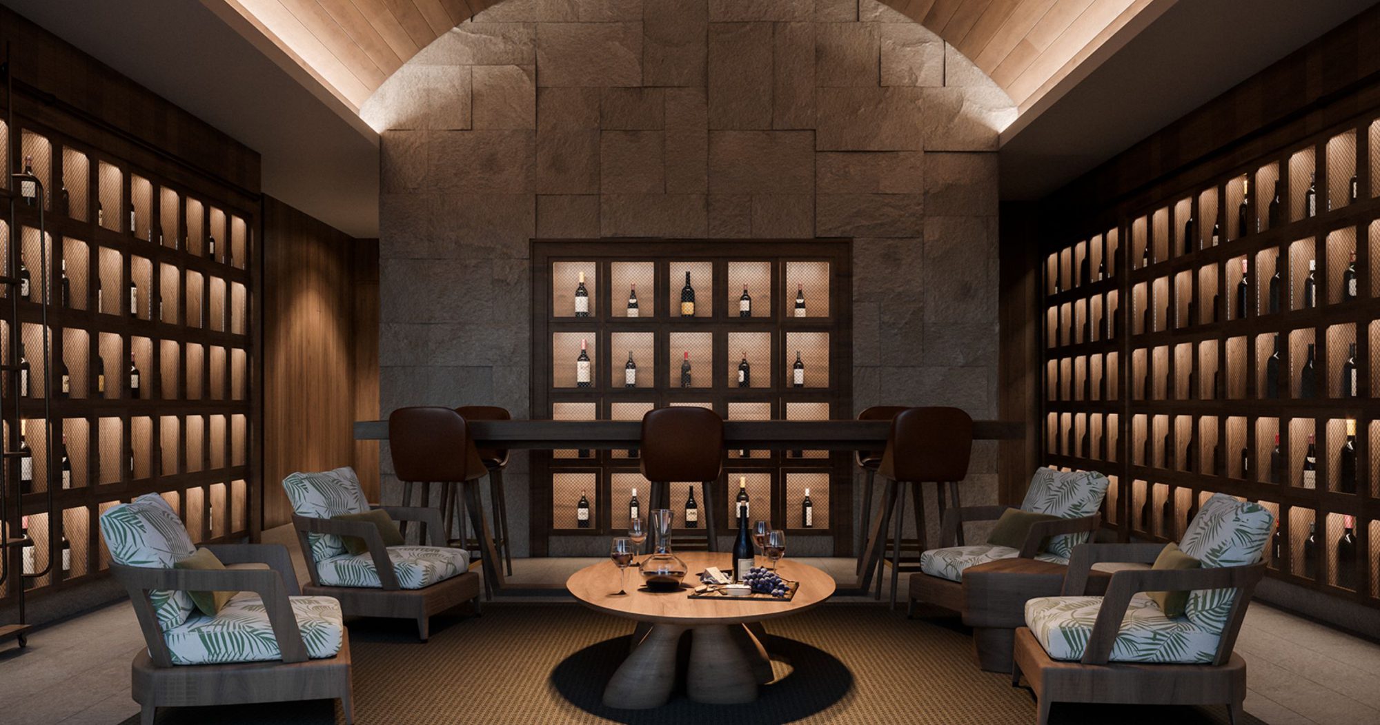 Wine room with lounge seating and bottle displayed on the walls