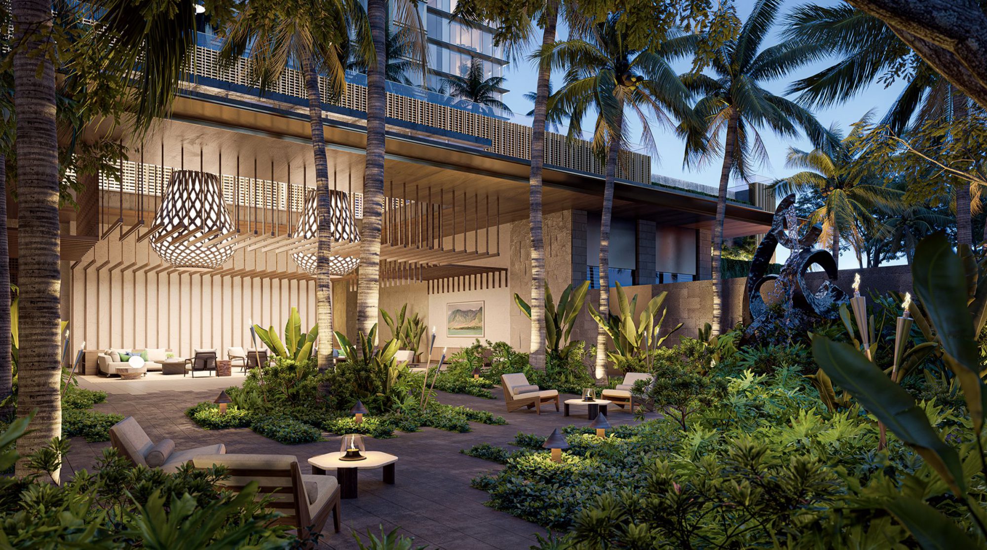 Victoria Place Palm Garden in the evening, adjacent to the open lobby.