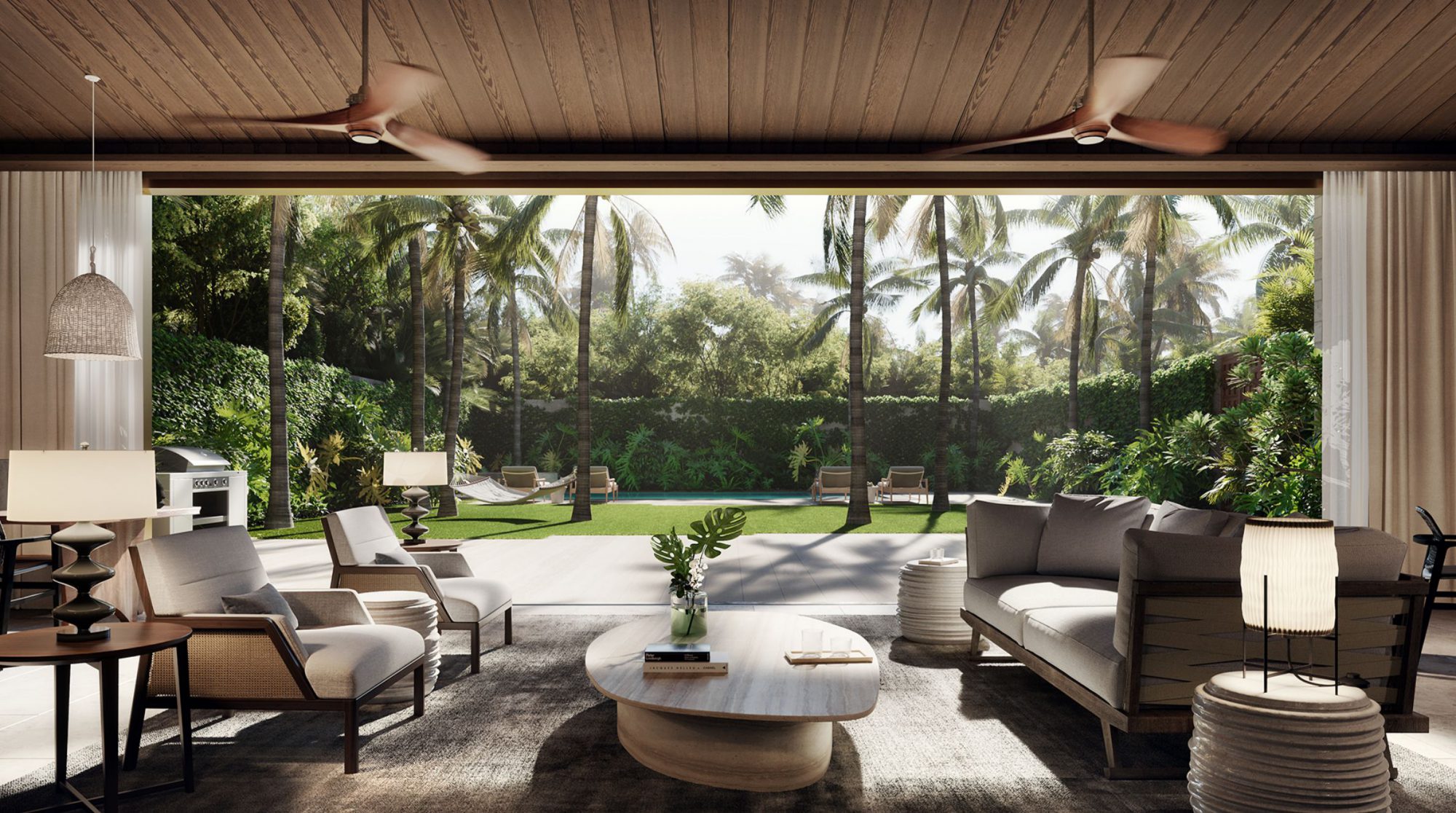 The indoor seating in the Lauhala Pool House amenity space