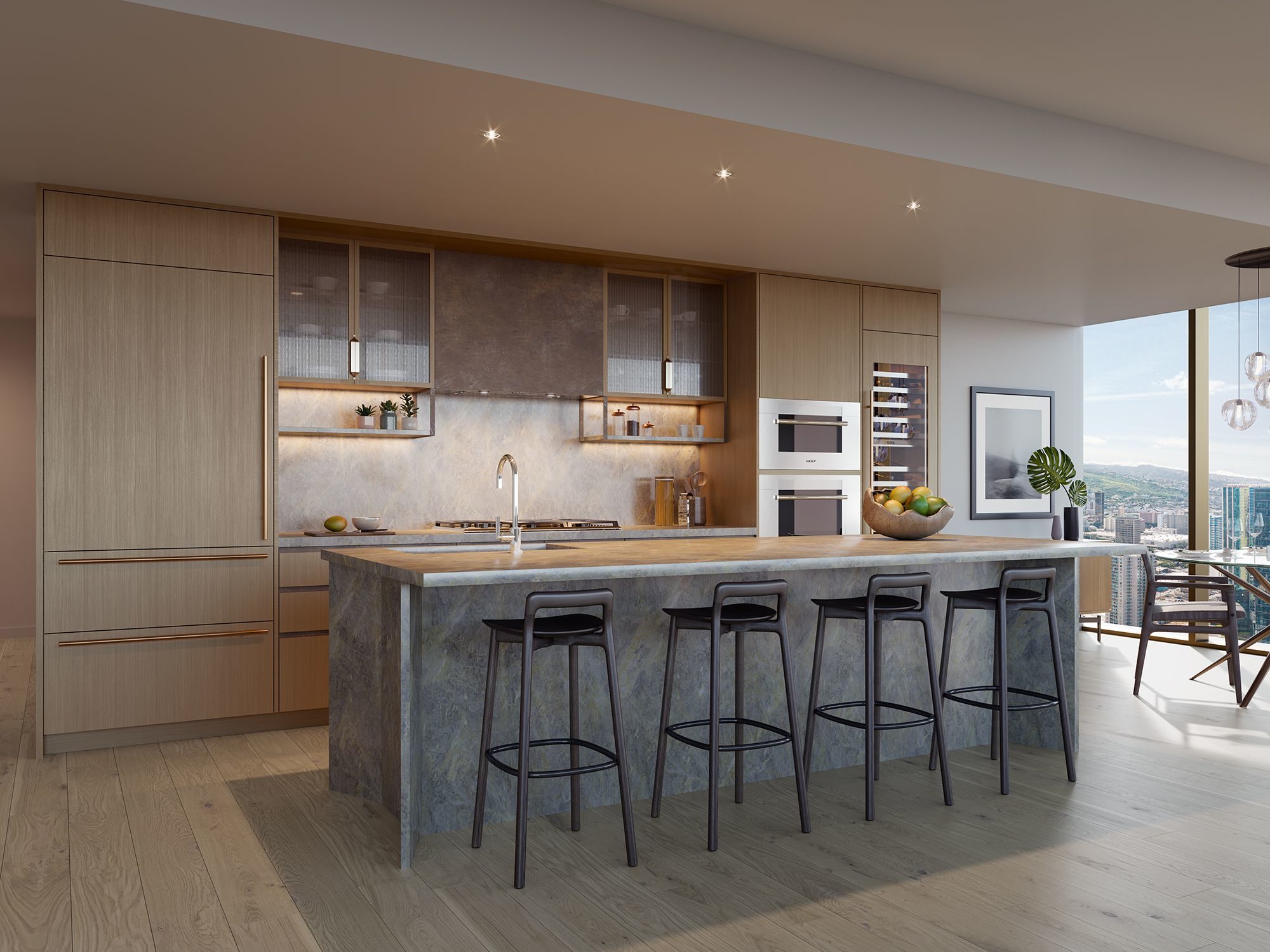 Kitchen in light color scheme featuring custom designed island with sophisticated fixtures and finishes