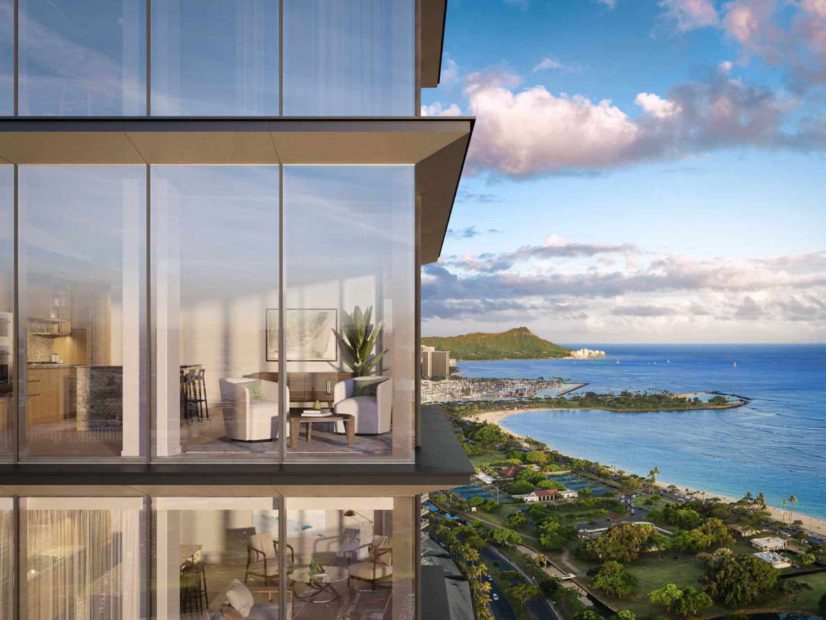 Close-up aerial of Victoria Place, with focus on a living room set with modern furniture, overlooking Ala Moana Beach Park, the Pacific Ocean, and Diamond Head.