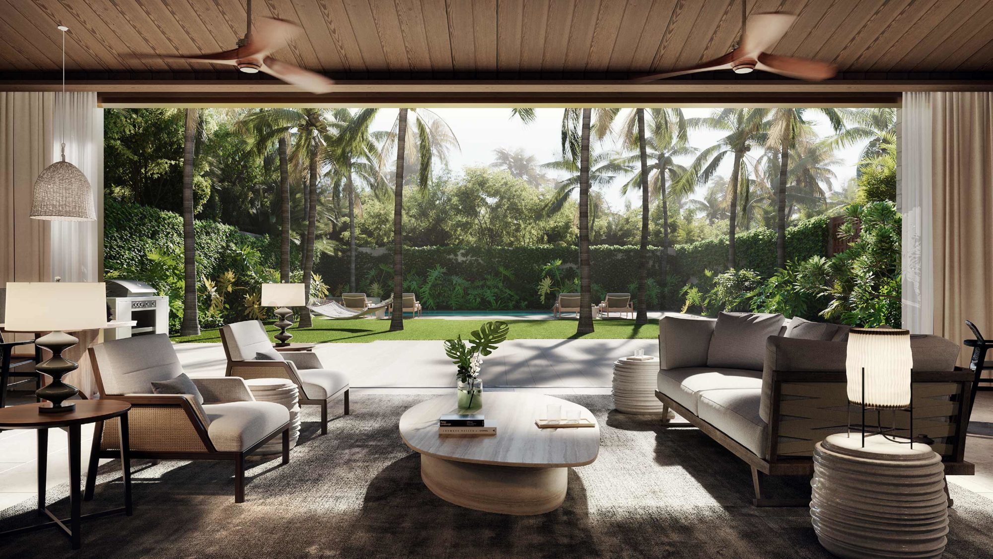 The indoor seating in the Lauhala Pool House amenity space