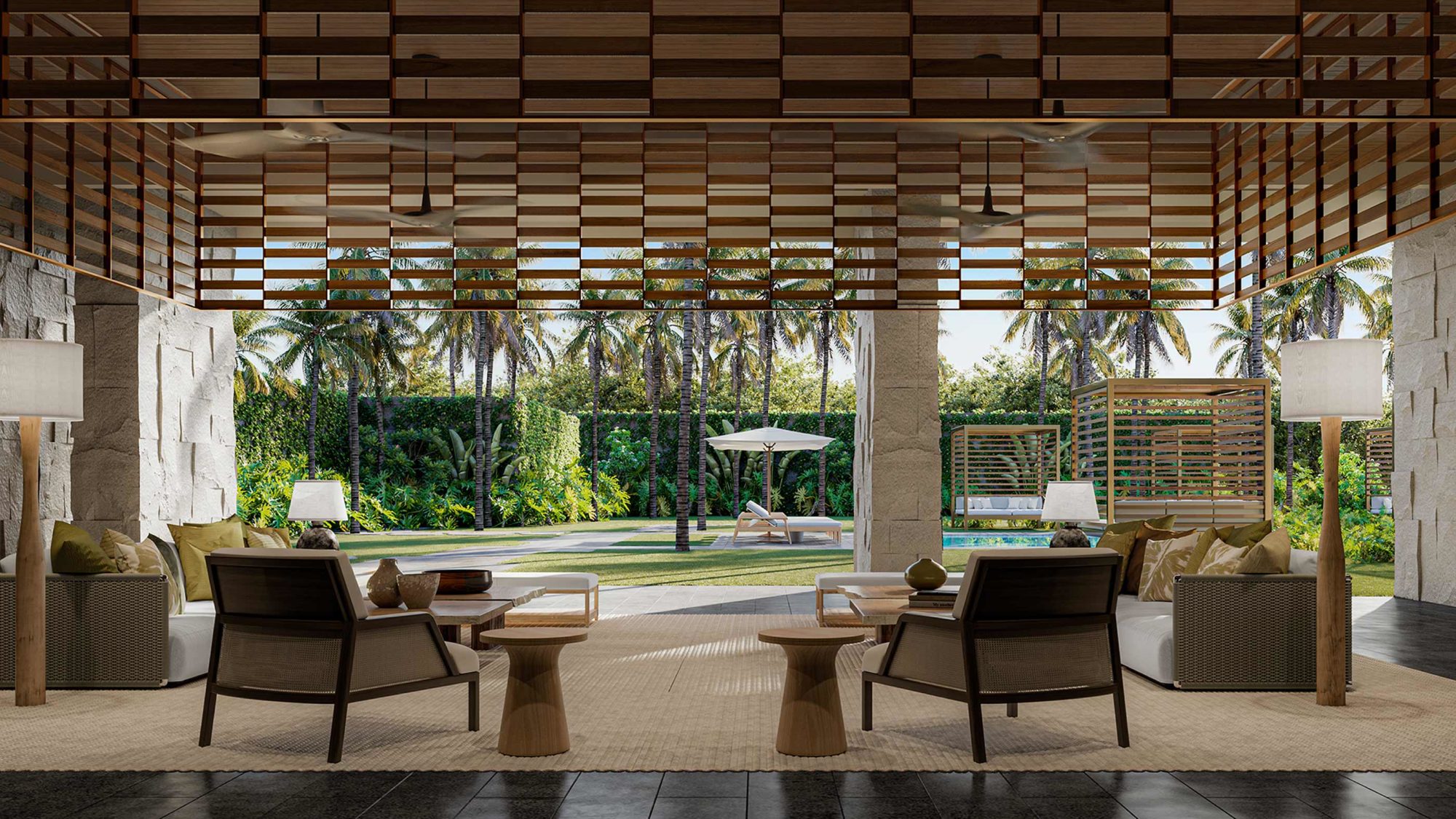 Spa Lobby looking out to resort-style pool and lawn