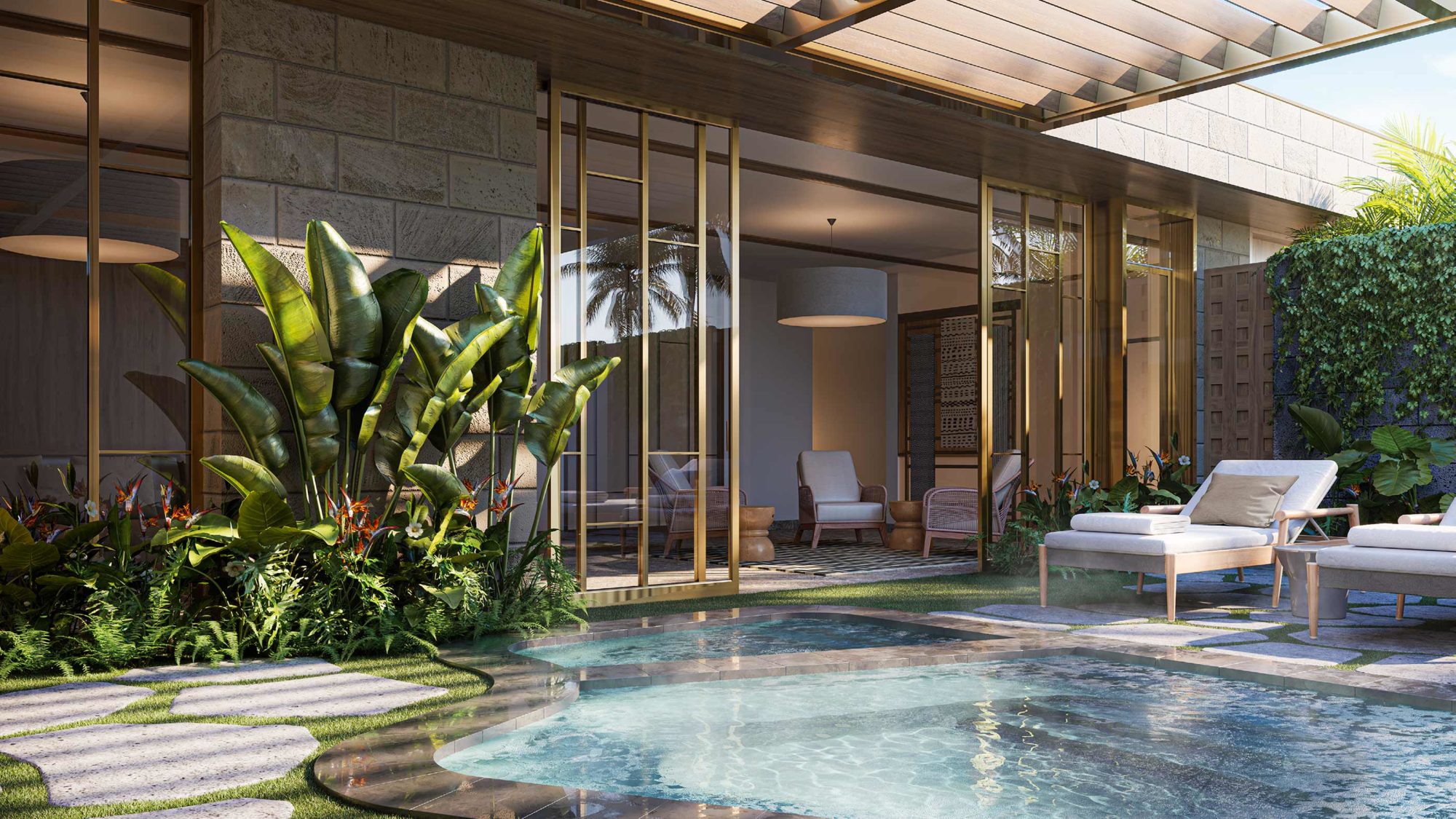 Spa 酒廊设施，显示室外小型游泳池和室内休息室休息区