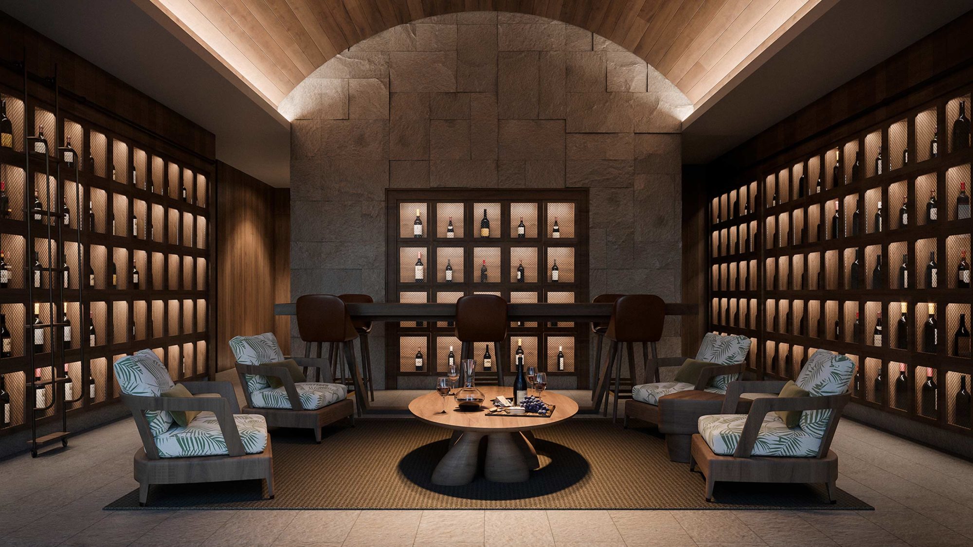 Wine room with lounge seating and bottle displayed on the walls