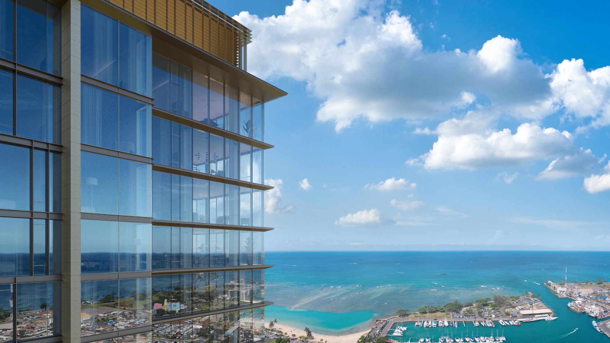 Close-up aerial of Victoria Place tower upper floors. Highlighting Hawaii's beautiful blue skies and oceans.