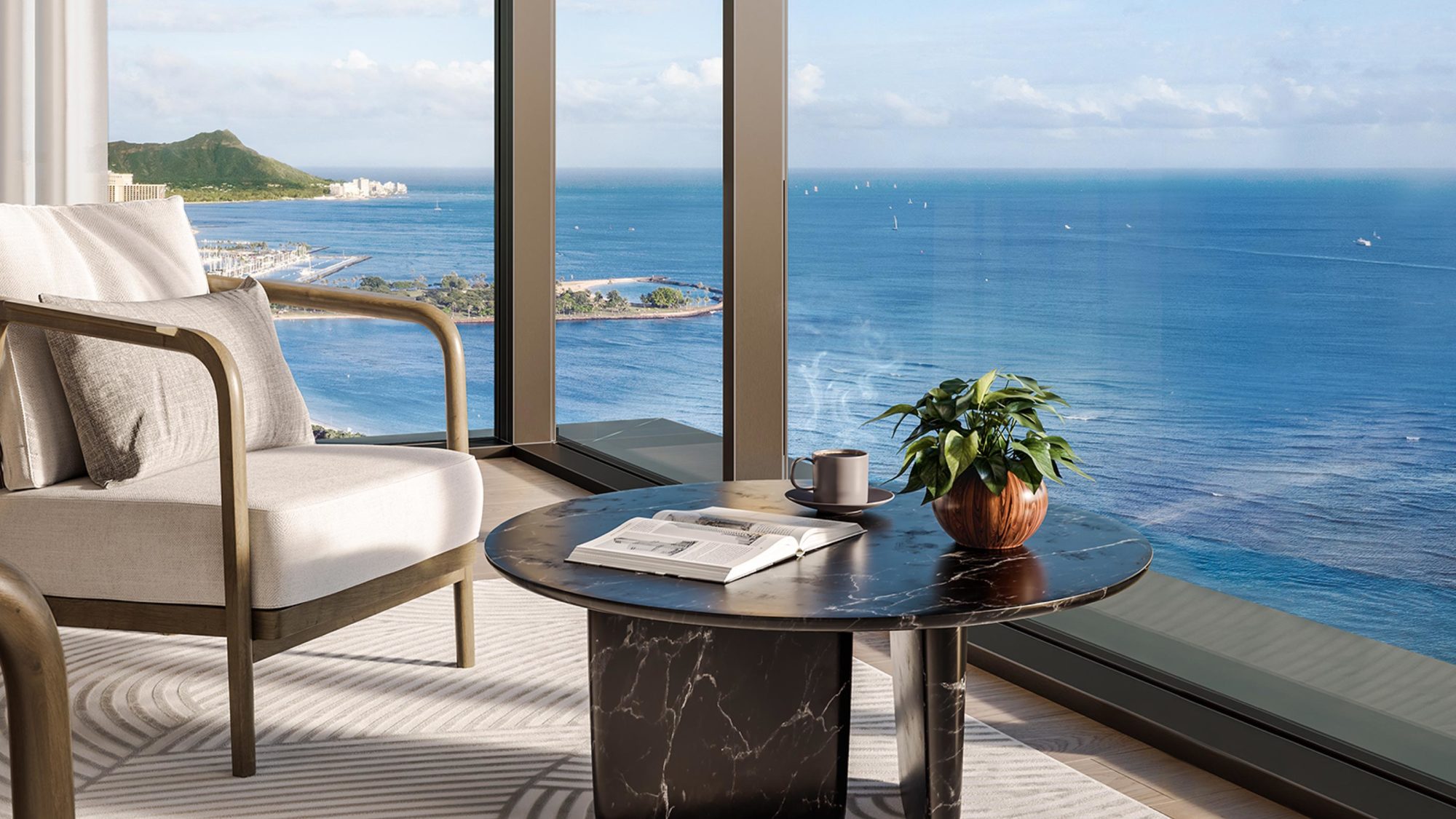 The corner area of a Victoria Place living room showing floor-to-ceiling windows overlooking the Pacific Ocean and Diamond Head.                                