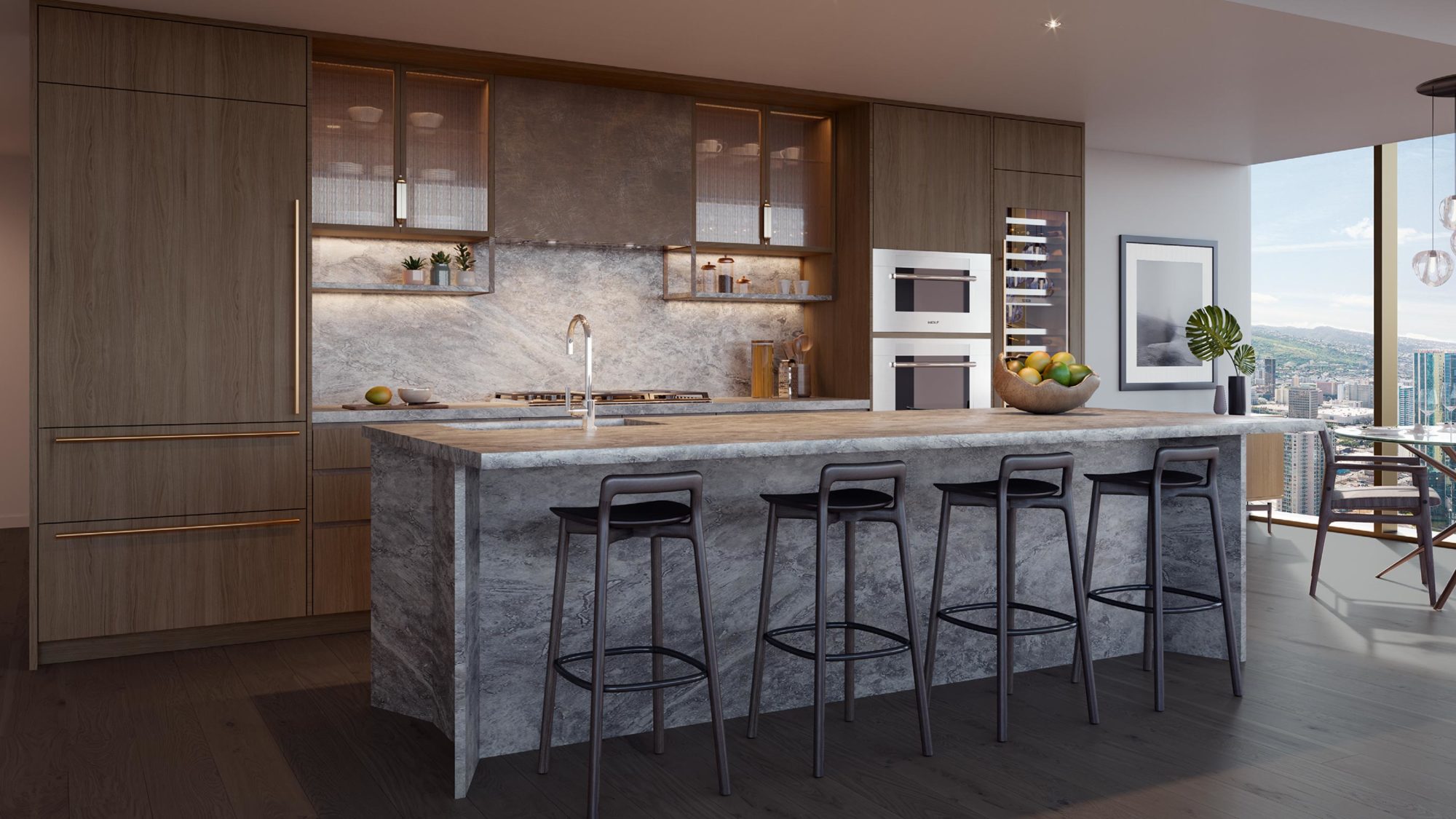 Kitchen in dark color scheme, featuring custom designed island with sophisticated fixtures and fininshes                                