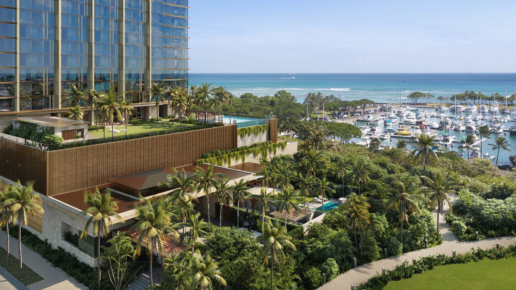 Victoria Place tower -displaying amenity deck on Level 1 and Level 5 including pools, lush palm garden, spa, sunset lanai, sunrise terrace wine room and other amenities.                                