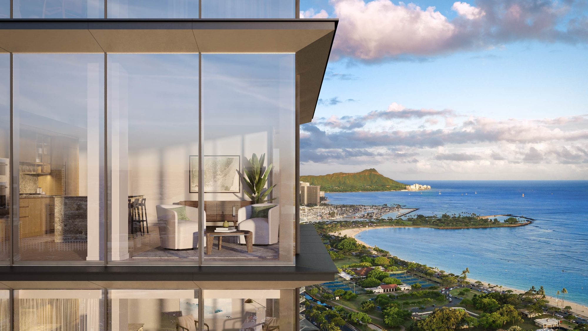 Close-up aerial of Victoria Place, highlighting the two levels of amenities and lush gardens, alongside Kewalo Harbor and the Pacific Ocean.                                