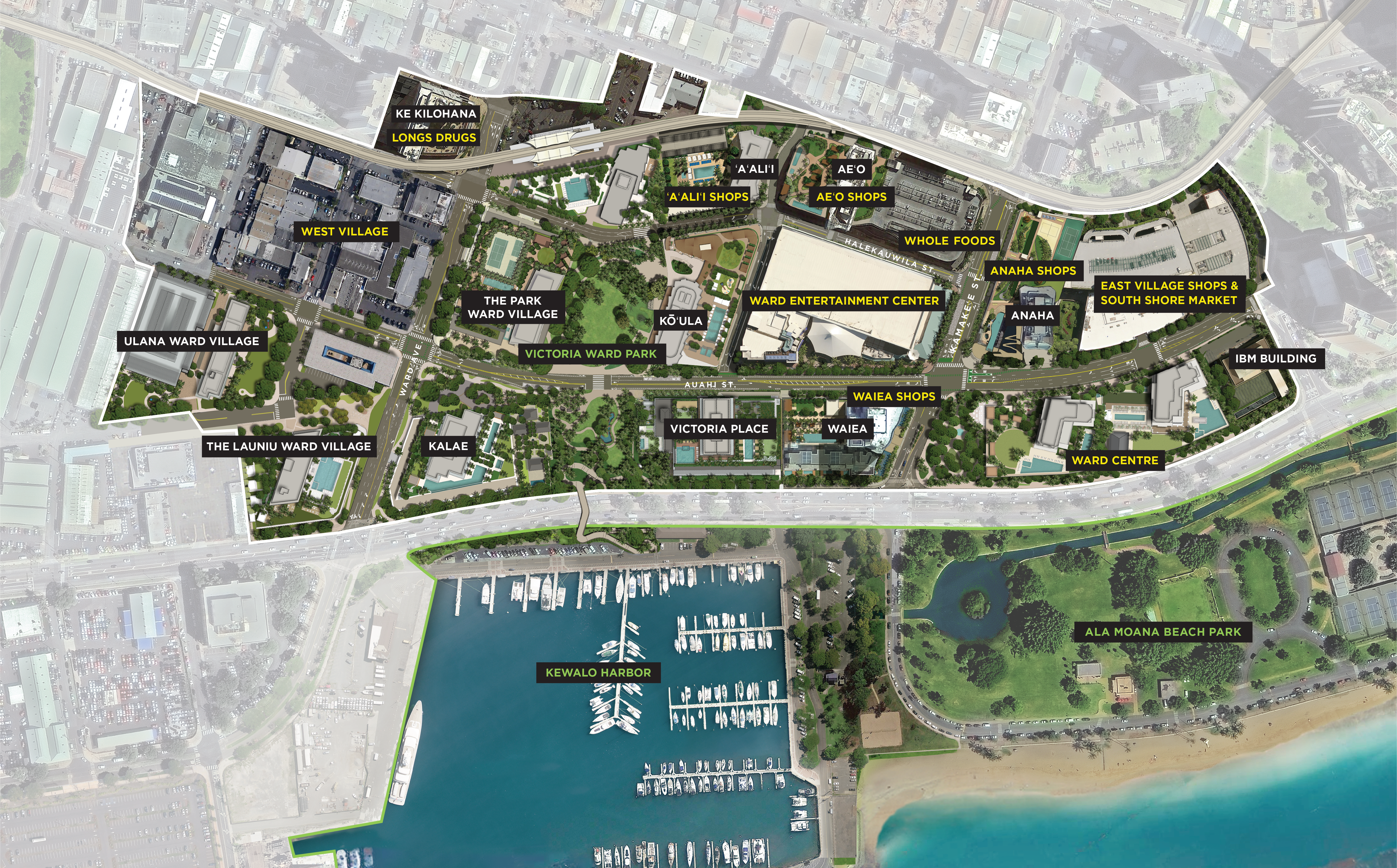 Overview illustration of residential and retail properties of Ward Village